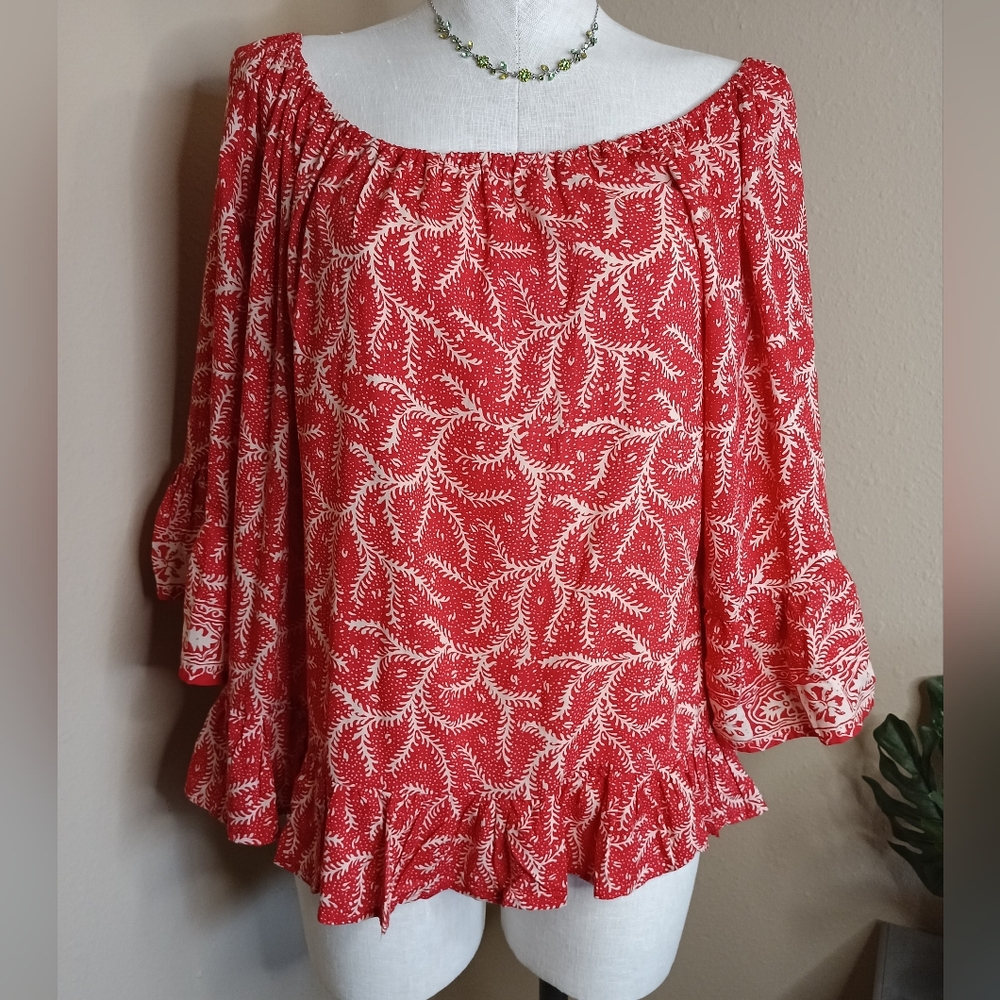 NAT by Natalie Martin Coral Print Ruffle Top Medium